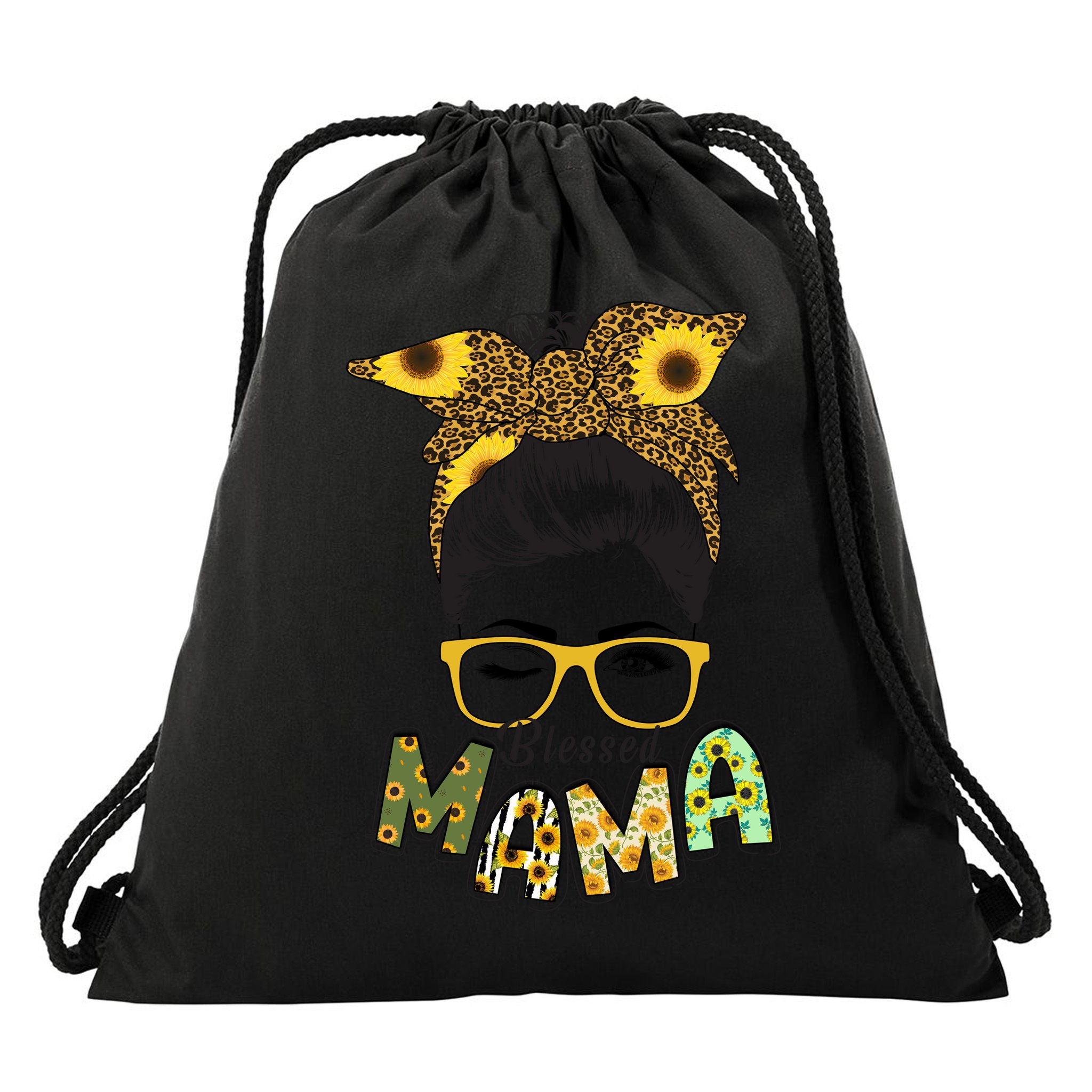 Blessed Mama Sunflower Messy Bun Mother's Day Drawstring Bag