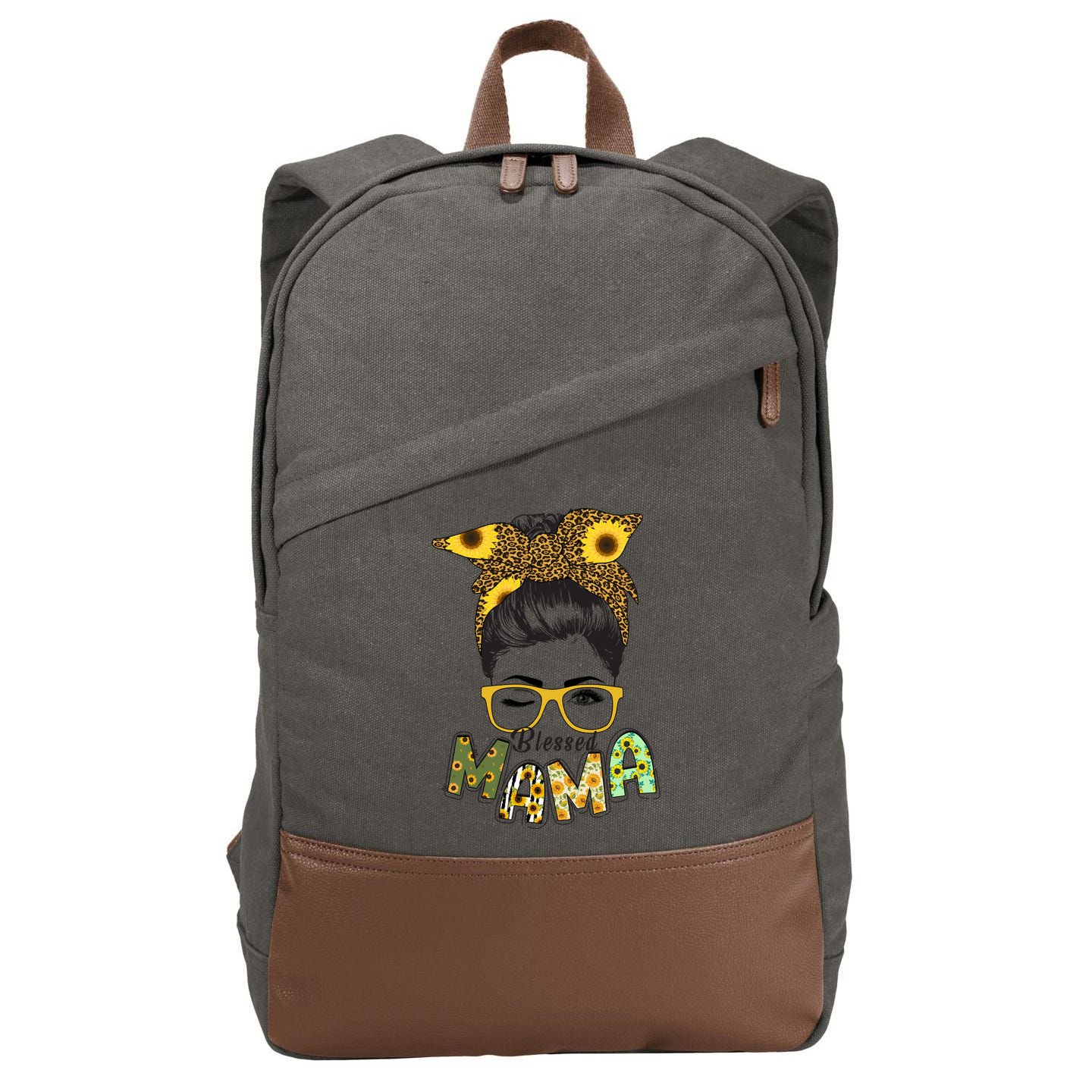Blessed Mama Sunflower Messy Bun Mother's Day Cotton Canvas Backpack
