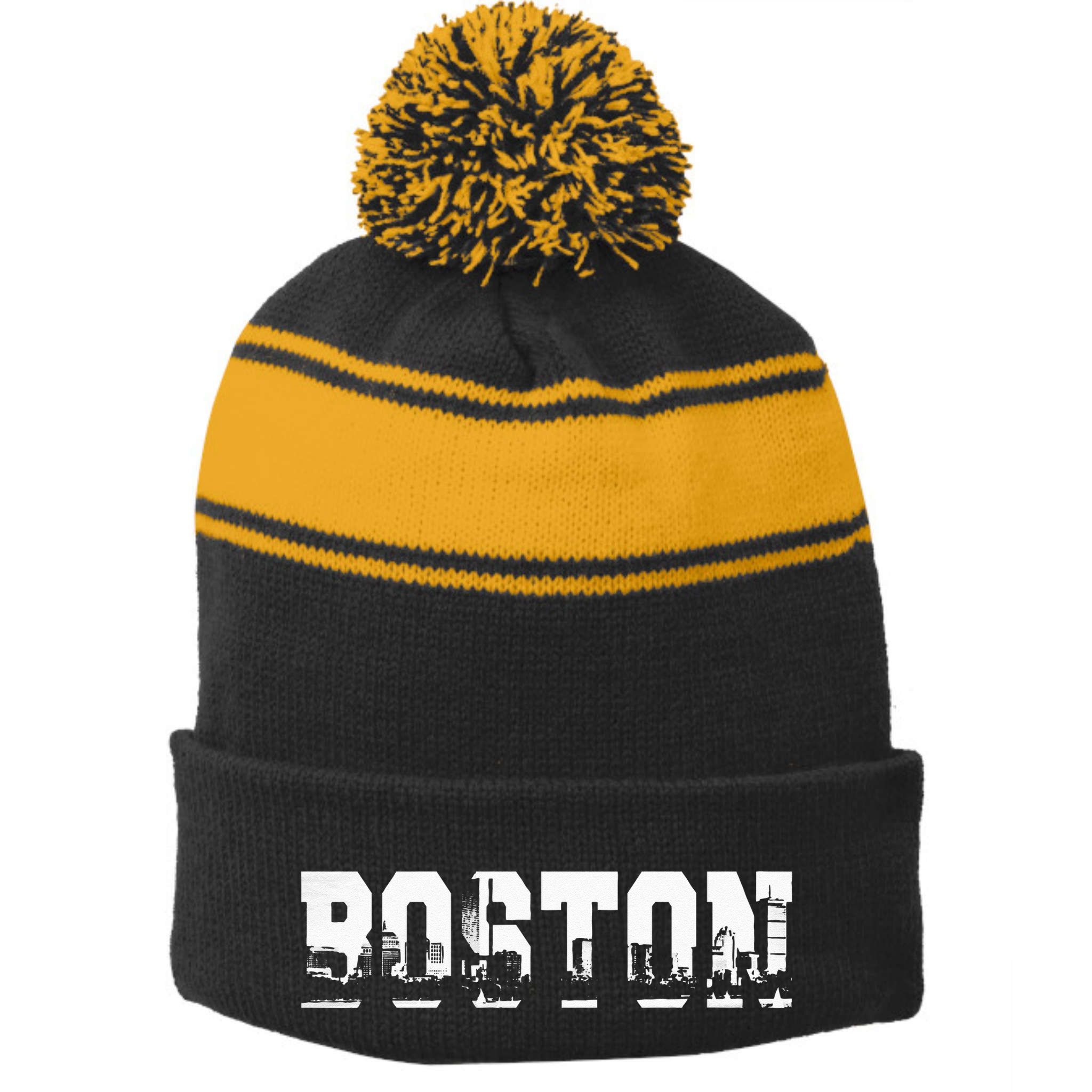Boston Massachusetts Skyline Graphic Apparel Stripe Pom Pom Beanie