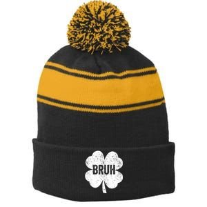 Bruh Meme Shamrock Funny St Patricks Day Teens Stripe Pom Pom Beanie