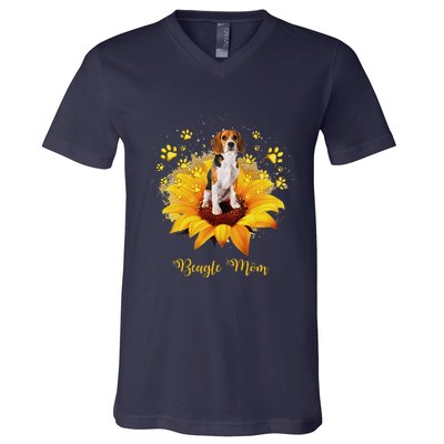 Beagle Mom Sunflower With Dog Paw MotherS Day V-Neck T-Shirt