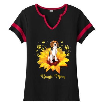 Beagle Mom Sunflower With Dog Paw Mothers Day Ladies Halftime Notch Neck Tee