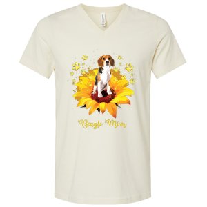 Beagle Mom Sunflower With Dog Paw Mothers Day V-Neck T-Shirt