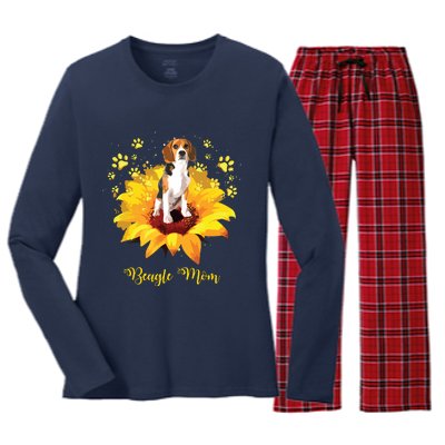 Beagle Mom Sunflower With Dog Paw Mothers Day Women's Long Sleeve Flannel Pajama Set 