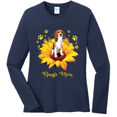 Beagle Mom Sunflower With Dog Paw Mothers Day Ladies Long Sleeve Shirt