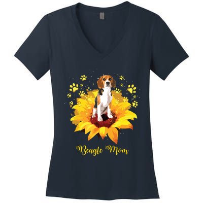 Beagle Mom Sunflower With Dog Paw Mothers Day Women's V-Neck T-Shirt