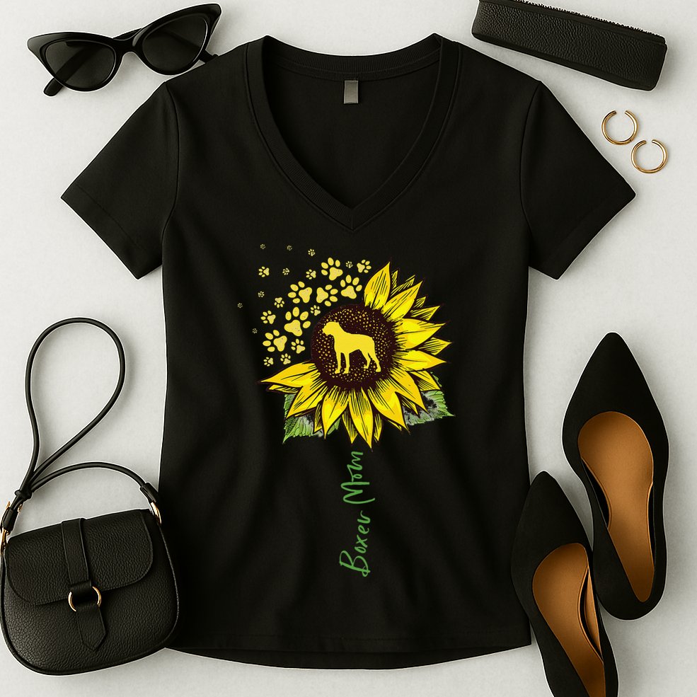 Boxer Mom Sunflower Boxer Dog Gifts Dog Mom Mama Women's V-Neck T-Shirt