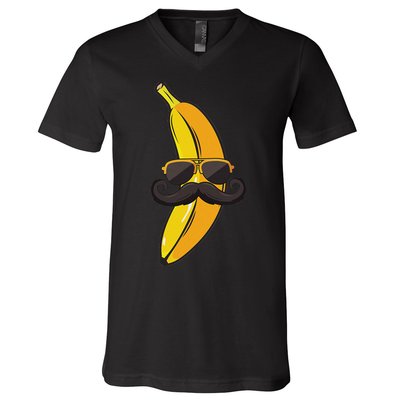 Banana Mustache Sunglasses Face Funny Fruit Cool Banana V-Neck T-Shirt