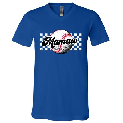 Baseball Mamaw Tball Mamaw Retro Checkered Vintage Family Great Gift V-Neck T-Shirt