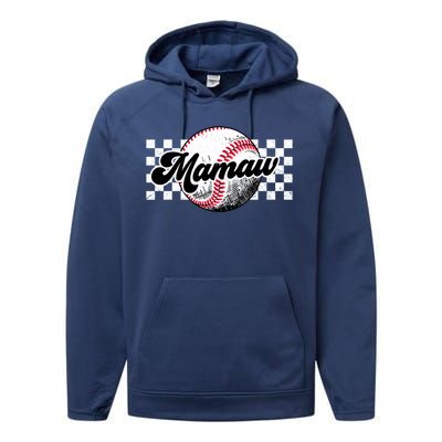 Baseball Mamaw Tball Mamaw Retro Checkered Vintage Family Great Gift Performance Fleece Hoodie