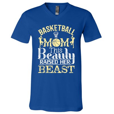 Basketball Mom This Beauty Raised Her Beast Basketball Gift V-Neck T-Shirt