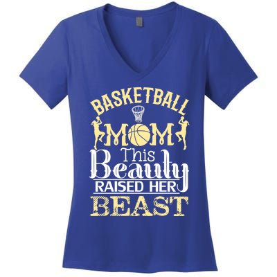 Basketball Mom This Beauty Raised Her Beast Basketball Gift Women's V-Neck T-Shirt