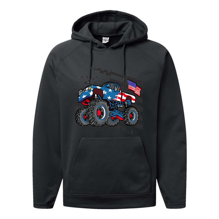 Boy Monster Truck Lover American Flag Racing USA Patriotic Performance Fleece Hoodie