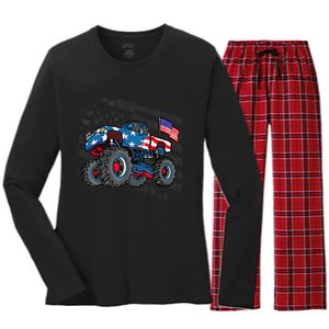 Boy Monster Truck Lover American Flag Racing USA Patriotic Women's Long Sleeve Flannel Pajama Set 