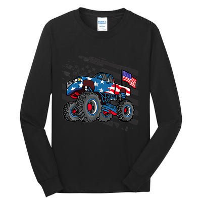 Boy Monster Truck Lover American Flag Racing USA Patriotic Tall Long Sleeve T-Shirt