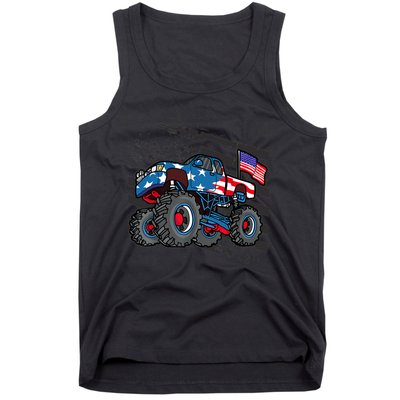 Boy Monster Truck Lover American Flag Racing USA Patriotic Tank Top