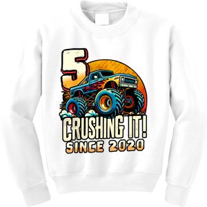 Birthday Monster Truck 5 Year Old Boy 5th Party Born 2020 Kids Sweatshirt