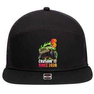 Birthday Monster Truck 5 Year Old 5th Party Born 2020 7 Panel Mesh Trucker Snapback Hat