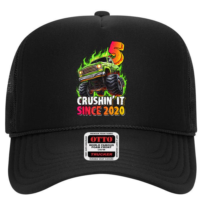 Birthday Monster Truck 5 Year Old 5th Party Born 2020 High Crown Mesh Back Trucker Hat