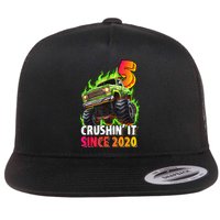 Birthday Monster Truck 5 Year Old 5th Party Born 2020 Flat Bill Trucker Hat