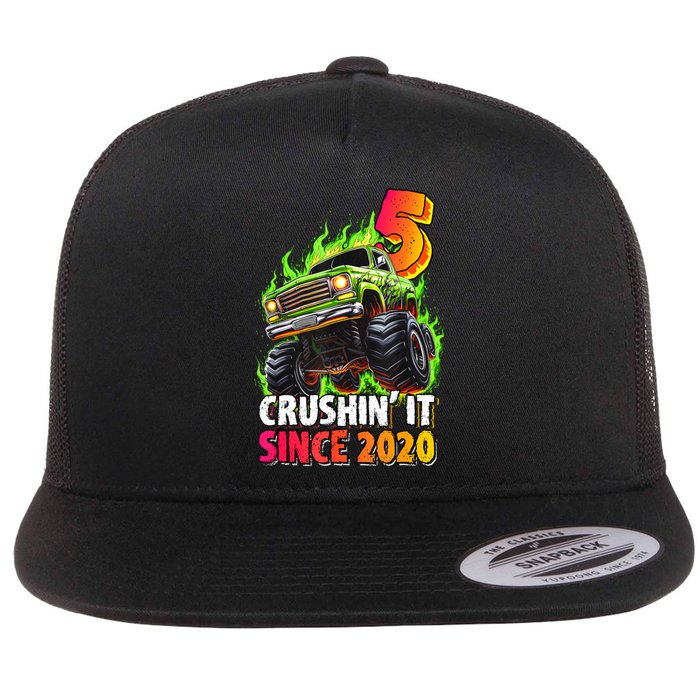 Birthday Monster Truck 5 Year Old 5th Party Born 2020 Flat Bill Trucker Hat