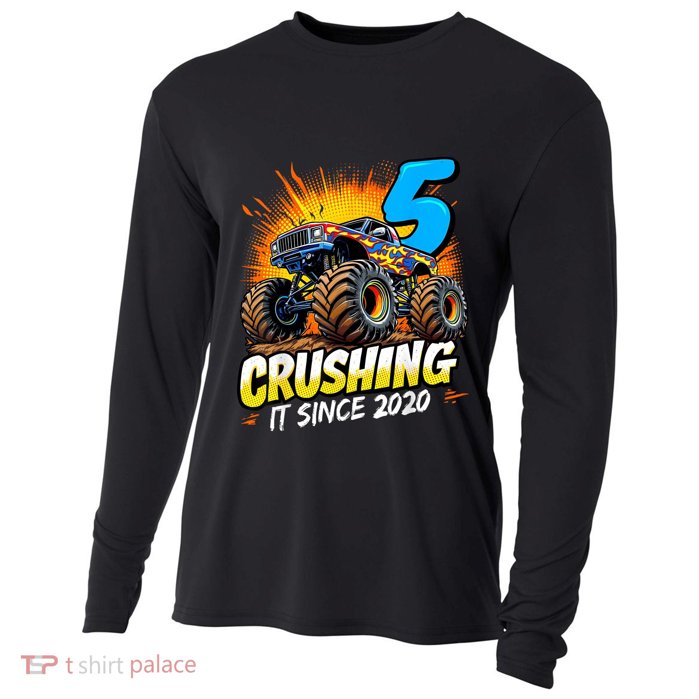 Birthday Monster Truck 5 Year Old Boy 5th Party Born Cooling Performance Long Sleeve Crew