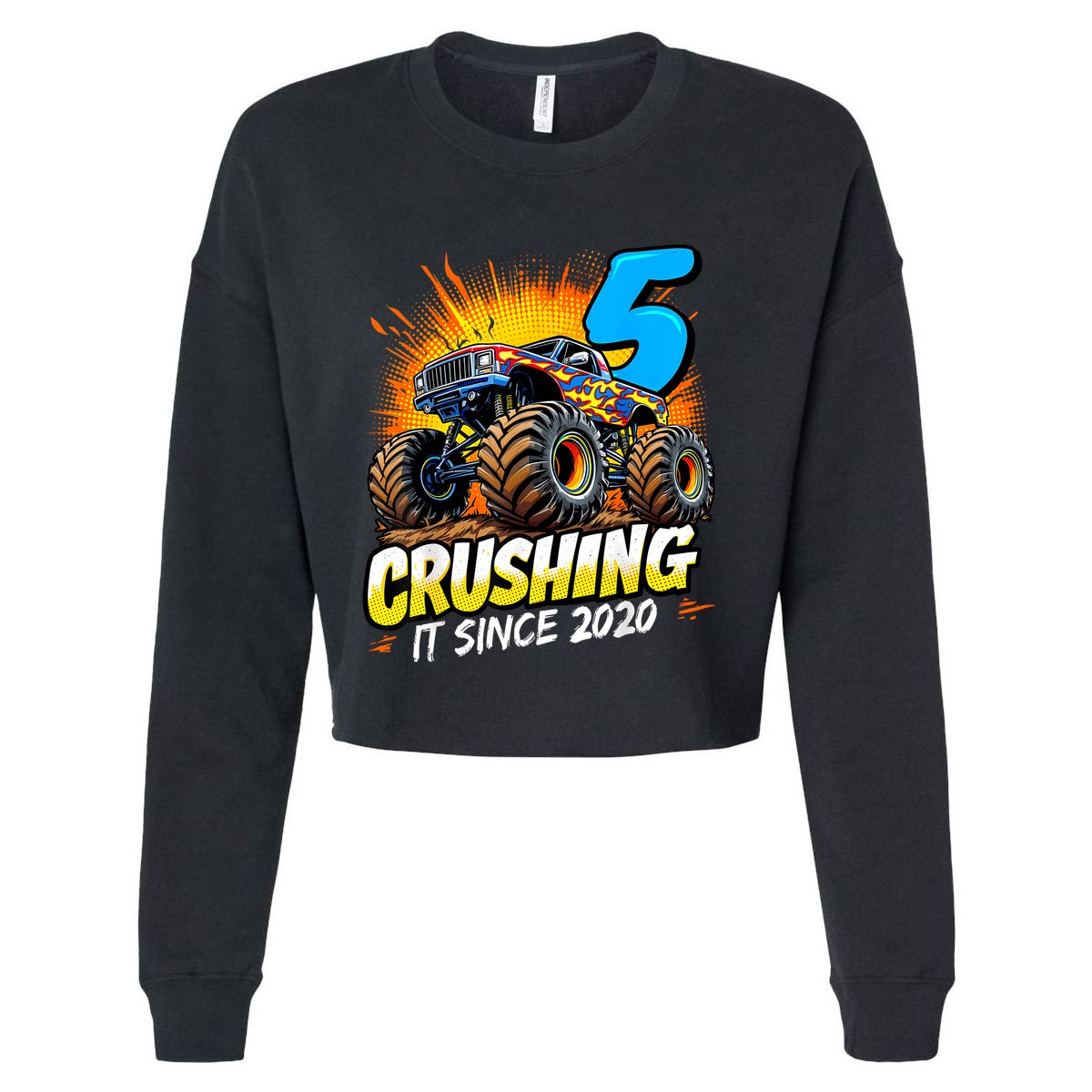 Birthday Monster Truck 5 Year Old Boy 5th Party Born Cropped Pullover Crew
