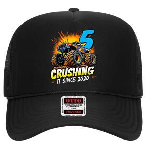 Birthday Monster Truck 5 Year Old Boy 5th Party Born 2020 Gift High Crown Mesh Back Trucker Hat