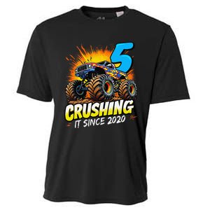 Birthday Monster Truck 5 Year Old Boy 5th Party Born 2020 Gift Cooling Performance Crew T-Shirt