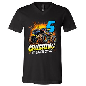 Birthday Monster Truck 5 Year Old Boy 5th Party Born 2020 Gift V-Neck T-Shirt