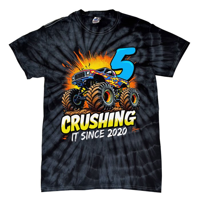 Birthday Monster Truck 5 Year Old Boy 5th Party Born 2020 Gift Tie-Dye T-Shirt