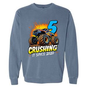 Birthday Monster Truck 5 Year Old Boy 5th Party Born 2020 Gift Garment-Dyed Sweatshirt