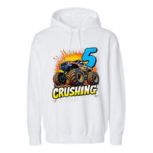 Birthday Monster Truck 5 Year Old Boy 5th Party Born 2020 Gift Garment-Dyed Fleece Hoodie