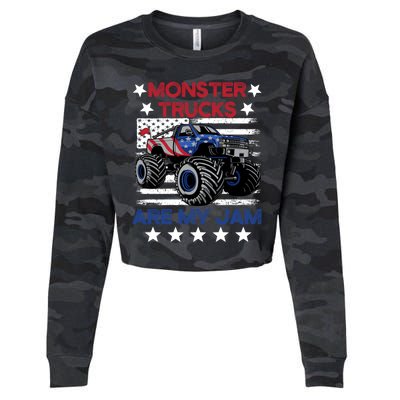 Boy Monster Truck American Flag Racing Usa Patriotic Retro Cropped Pullover Crew