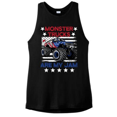 Boy Monster Truck American Flag Racing Usa Patriotic Retro Ladies PosiCharge Tri-Blend Wicking Tank