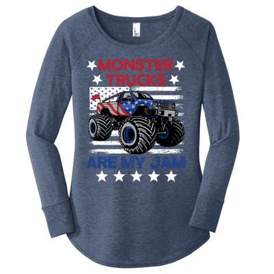 Boy Monster Truck American Flag Racing Usa Patriotic Retro Women's Perfect Tri Tunic Long Sleeve Shirt