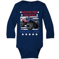 Boy Monster Truck American Flag Racing Usa Patriotic Retro Baby Long Sleeve Bodysuit