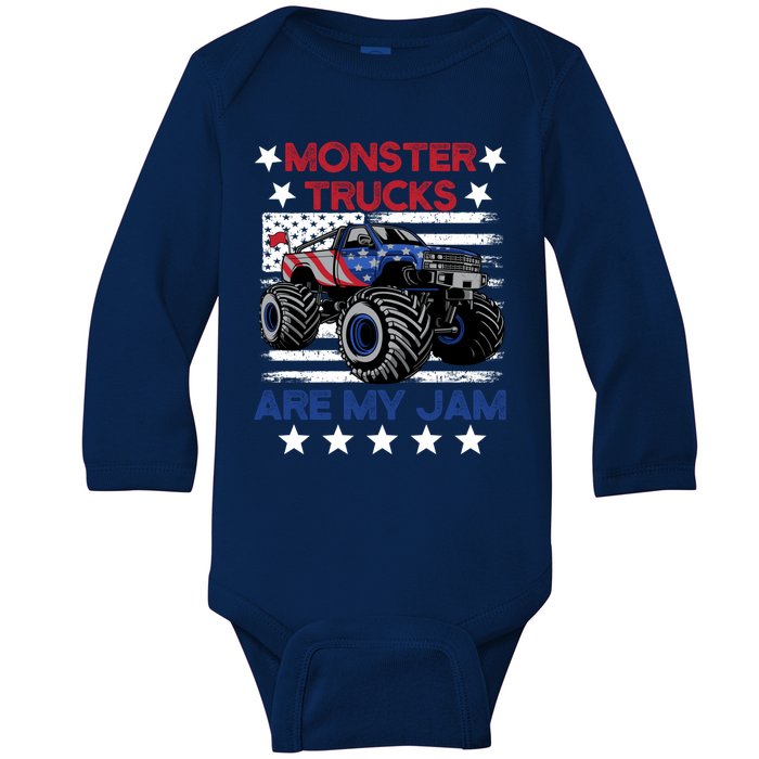 Boy Monster Truck American Flag Racing Usa Patriotic Retro Baby Long Sleeve Bodysuit