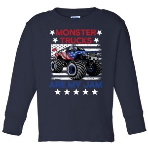 Boy Monster Truck American Flag Racing Usa Patriotic Retro Toddler Long Sleeve Shirt