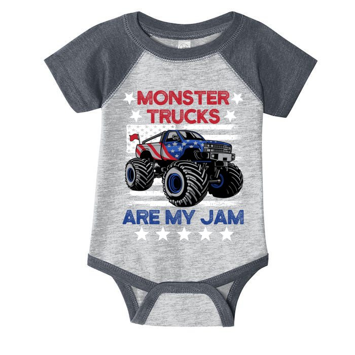 Boy Monster Truck American Flag Racing Usa Patriotic Retro Infant Baby Jersey Bodysuit