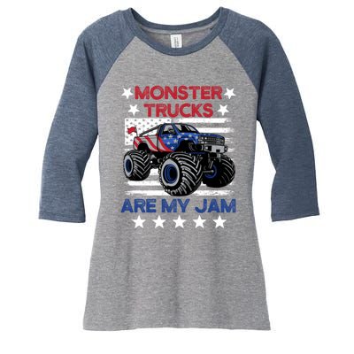 Boy Monster Truck American Flag Racing Usa Patriotic Retro Women's Tri-Blend 3/4-Sleeve Raglan Shirt