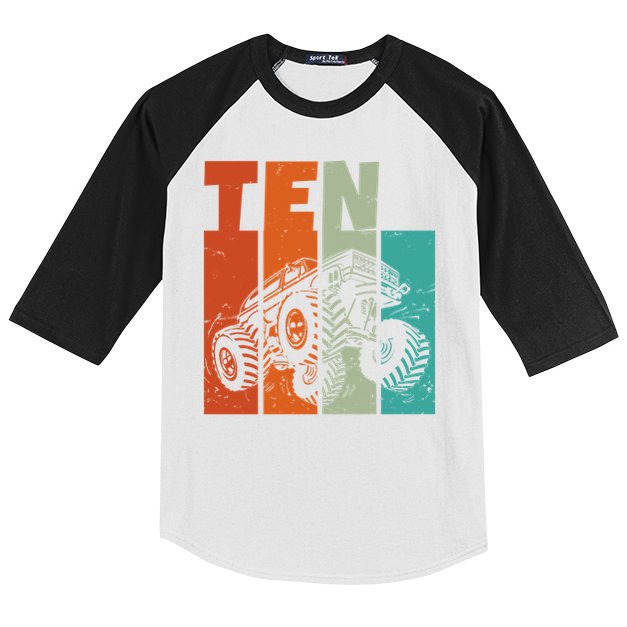 Birthday Monster Truck Retro 10 Year Old Bday Kids Colorblock Raglan Jersey