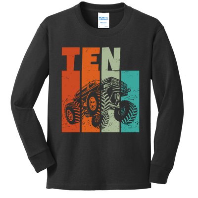 Birthday Monster Truck Retro 10 Year Old Bday Kids Long Sleeve Shirt