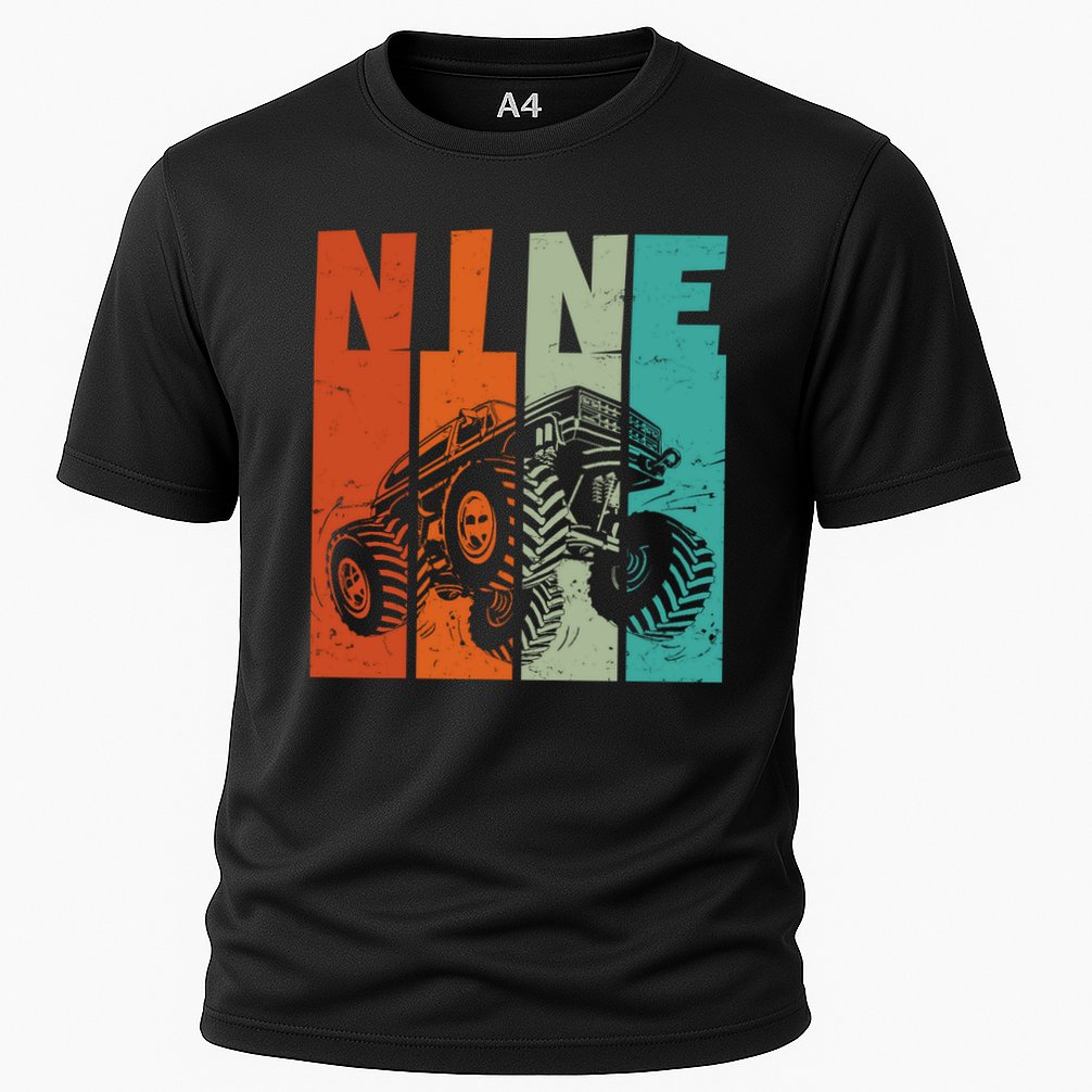 Birthday Monster Truck Retro 9 Year Old Bday Cooling Performance Crew T-Shirt
