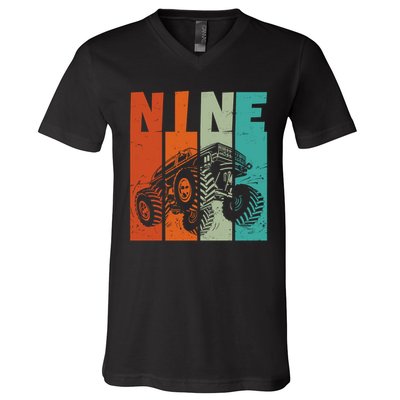 Birthday Monster Truck Retro 9 Year Old Bday V-Neck T-Shirt