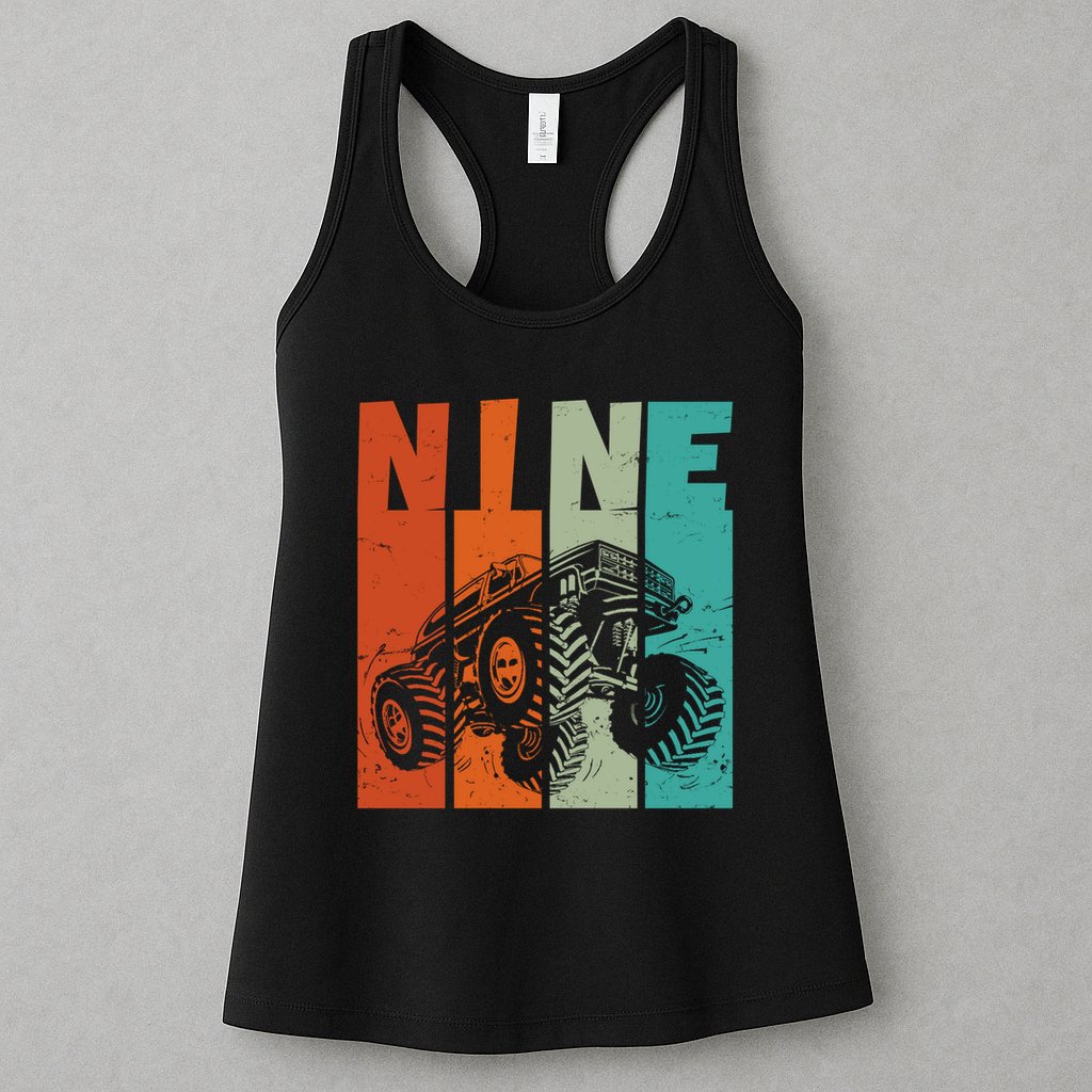 Birthday Monster Truck Retro 9 Year Old Bday Womens Tank Top