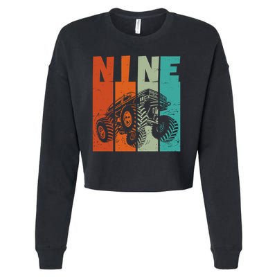 Birthday Monster Truck Retro 9 Year Old Bday Cropped Pullover Crew