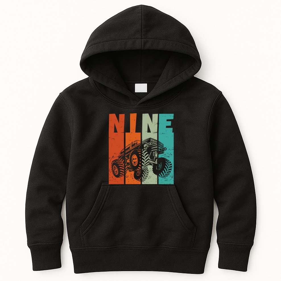 Birthday Monster Truck Retro 9 Year Old Bday Kids Hoodie