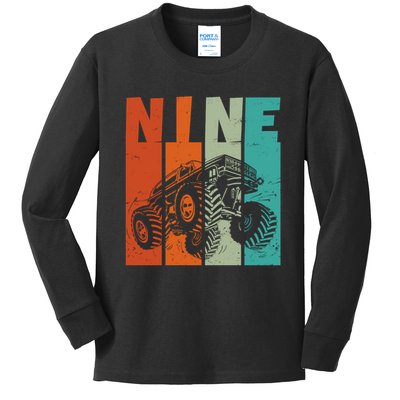 Birthday Monster Truck Retro 9 Year Old Bday Kids Long Sleeve Shirt