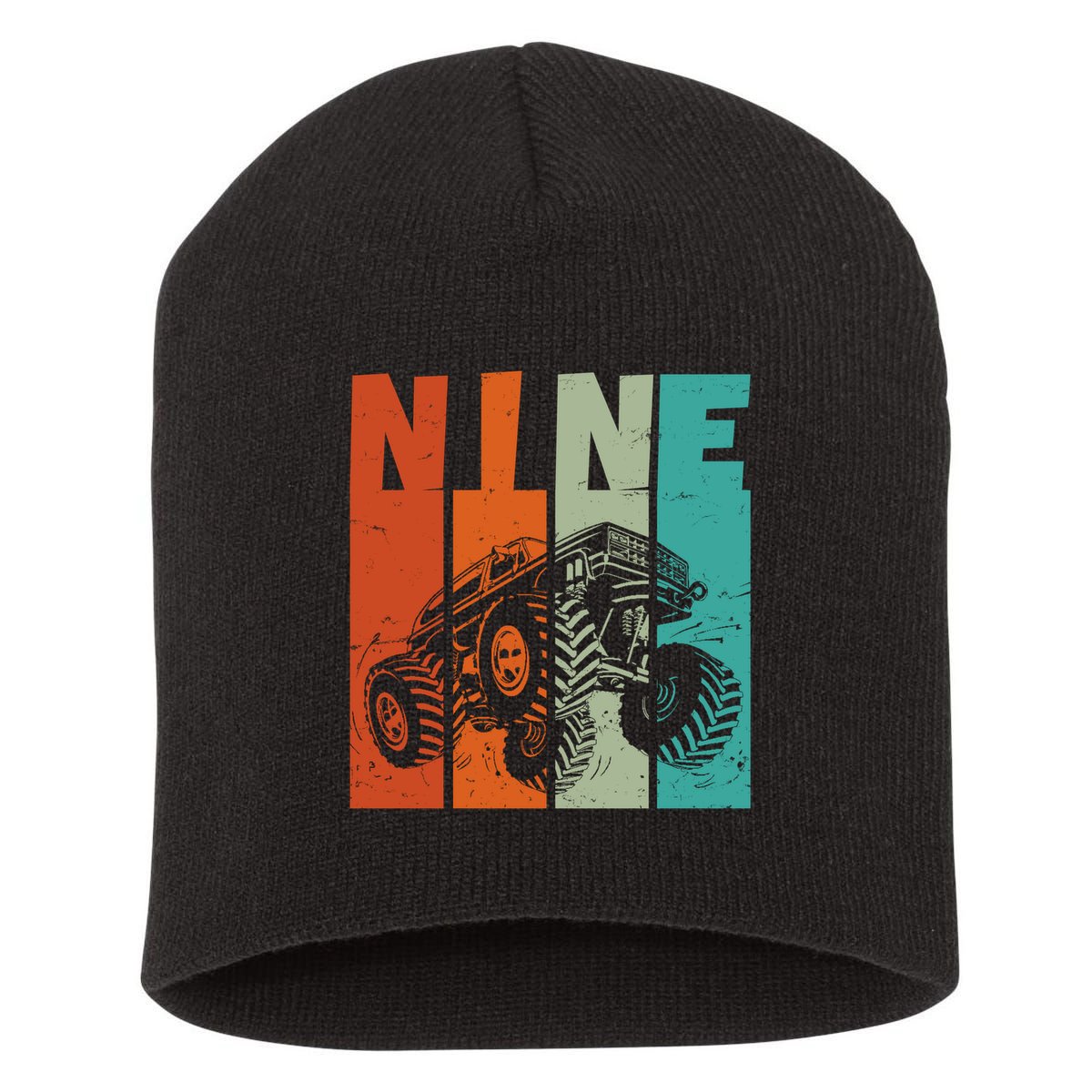 Birthday Monster Truck Retro 9 Year Old Bday Short Acrylic Beanie